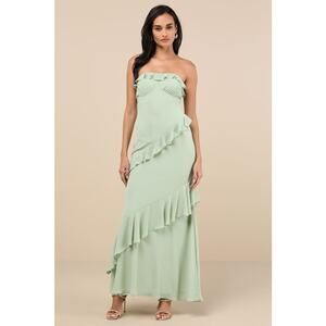 NWT Lulus Dramatic Allure Sage Green Ruffled Cutout Strapless Maxi Dress Sz XL